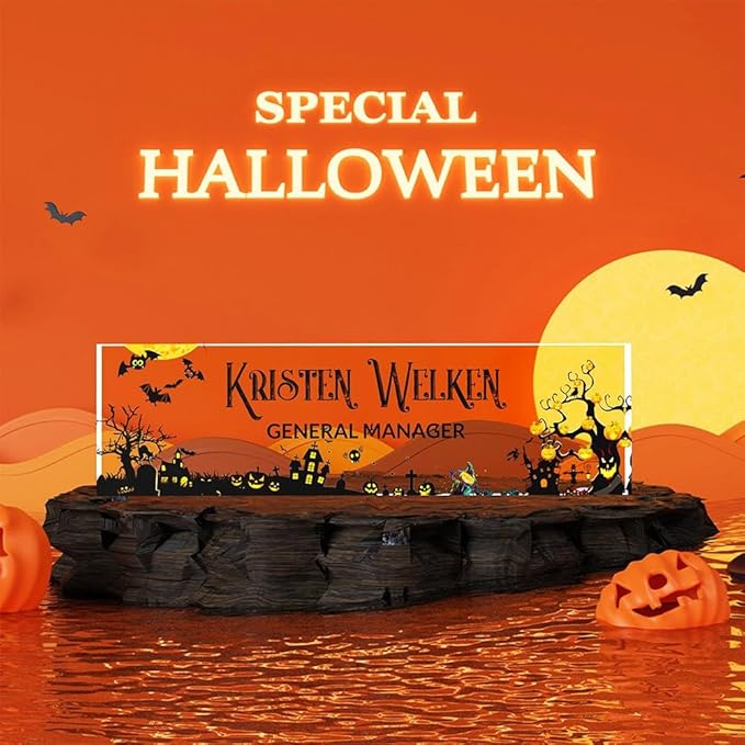 Personalized Name Plate for Desk | Halloween Decor for Work | Custom Desk Decor for Classroom | Acrylic Office Desktop Decorations | Holiday Gifts (Halloween Pumpkin Party)