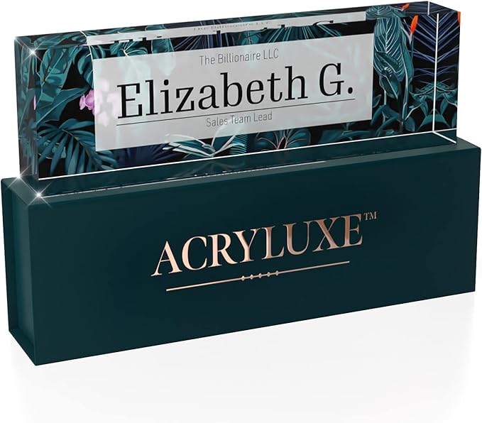 Desk Name Plate Personalized, Custom Name Plates 2½/x8 Inches, Thick Crystal-Clear Acrylic, Gift Box, Office Desk Decor. USA Made by ACRYLUXE (Bouquet)