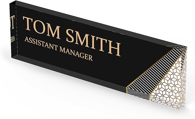 Artblox Personalized Office Desk Name Plate and Business Card Holder | Clear Acrylic Glass with Teak Wood Stand | Abstract Shapes Design Customized with Your Name and Credentials Office Desk Décor