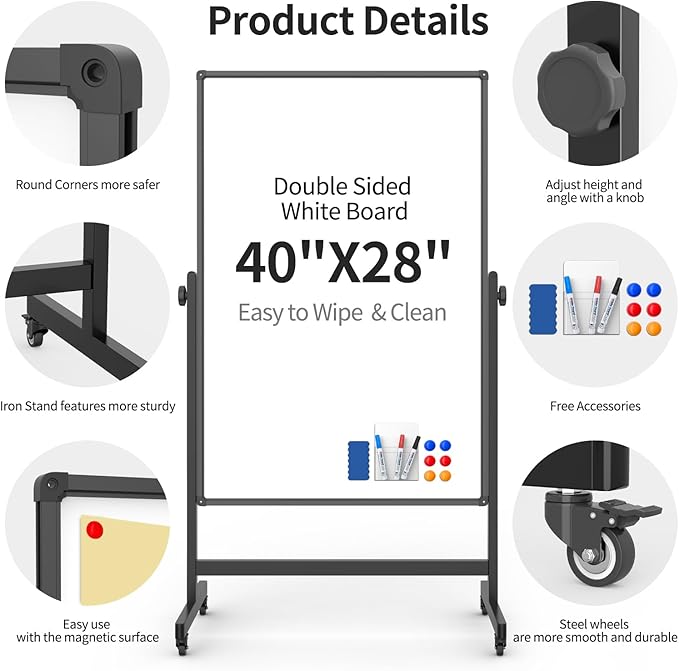 Rolling Whiteboard 40x28 Inches - Adjustable Height Standing Easel Whiteboard on Wheels for Home, Office, Classroom Black