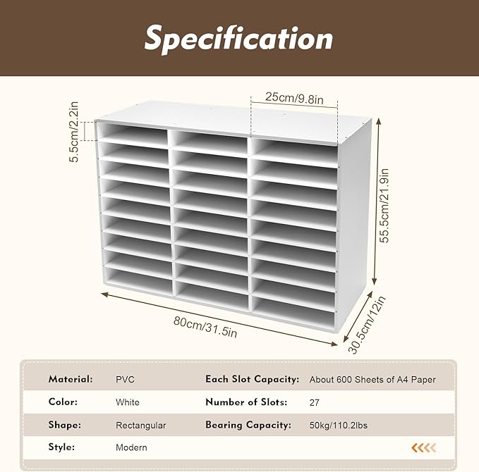 27 Slot Literature Organizer, Vertical Desktop File Sorter Mail Center with Thickened PVC Board, Vertical Paper Storage Cabinet for Classroom, Home & Office (27 Slots White)