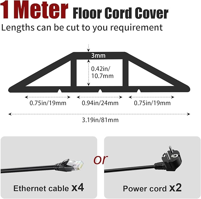 Cord Cover Floor, 3ft Heavy Duty Cable Protector, Cord Cover for Wires on Floor, Extension Indoor Outdoor Cable Cover Rubber 3 Channel Cable Management Cord Hider Floor, Black