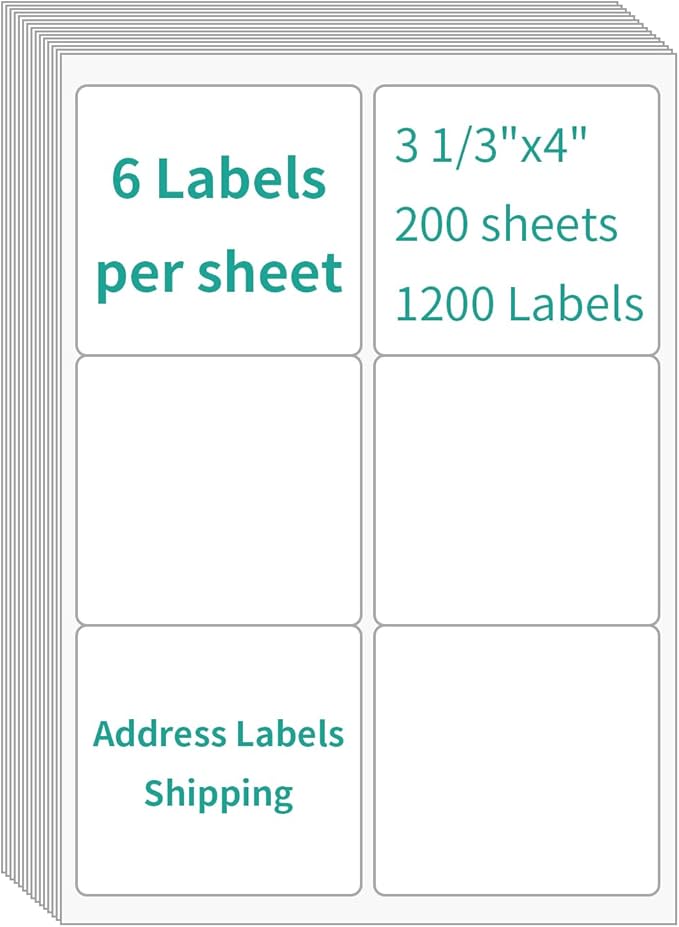 InpourPack 6 UP Labels, 4" x 3-1/3" Shipping Address Labels for Laser Inkjet Printer, Self Adhesive, Blank Mailing Paper (200 Sheet=1200)