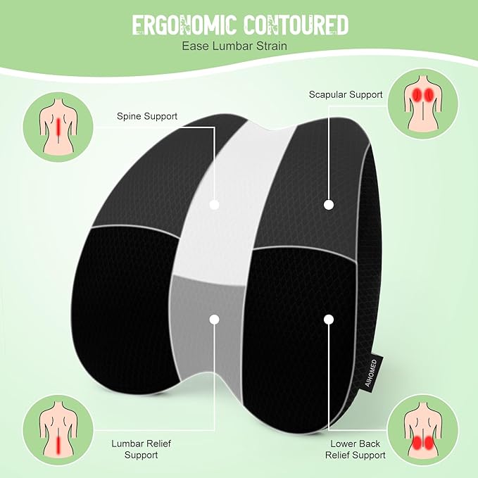 Lumbar Support Pillow Office Chair Car Back Pillow Ergonomic Lower Back Pain Relief Breathable Air Fiber Cushion with Hours Sitting on Worker Driver & Handicapped, Adjustable Strap (Black)