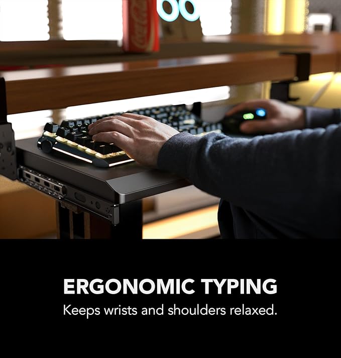 Hemudu Keyboard Tray Under Desk Pull Out with Extra Sturdy C Clamp Mount System, 27.3 (32.5 inch Including Clamps) x 11 Inch Slide-Out Platform Computer Drawer for Typing Black