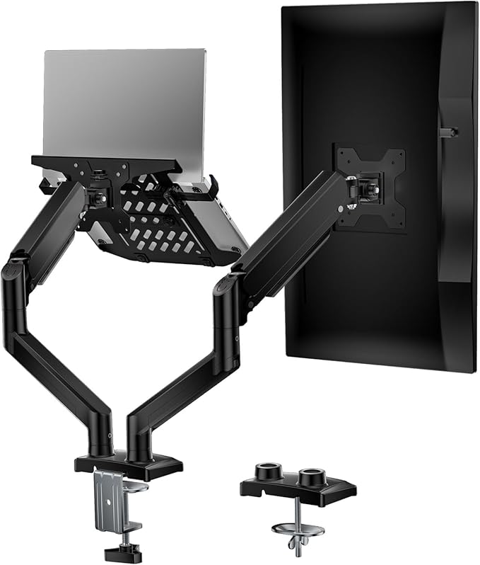 WALI Laptop Mount for Desk, Monitor Arm Mount for 17"-32”Computer Screen and 11.6" - 17.3" Notebook,Dual Monitor Mount Holds up to 19.8lbs, Laptop Tray Stand with Gas Spring Arm (GSMP002LP), Black