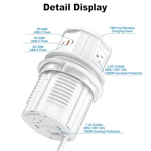Pop Up Countertop Outlet with 15W Wireless Charger, PD 65W USB-C Ports & 4 AC Outlets, 800J Surge Protection, 4.75 inch Pop Up Electrical Outlet, 6Ft Cord for Home Office(ETL & FCC Listed)