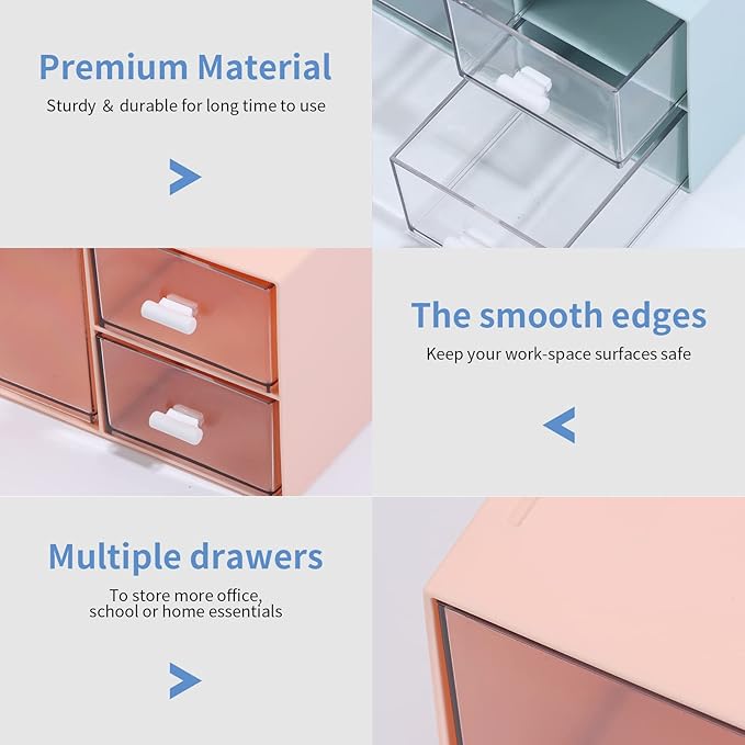 Desk Craft Organizer and Storage with 4 Mixed Drawers, Stackable Plastic Desktop Accessories & Workspace Organizer for Office Stationary, Makeup Skincare, Sanitation Supplies, Blue
