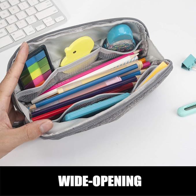Sooez Wide-Opening Pencil Pen Case, Lightweight & Spacious Pencil Bag Pouch Box Organizer, Aesthetic Supply with Triangular Design for Adults, Grey