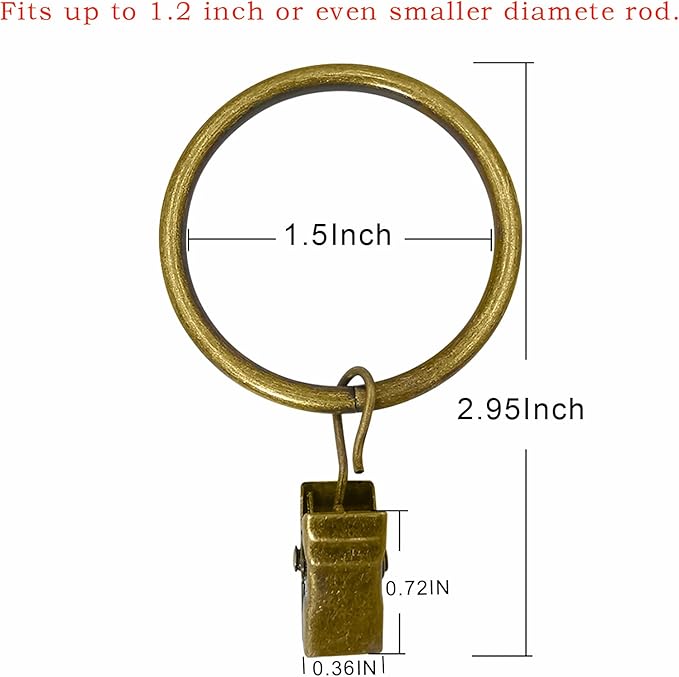 LLPJS 20 Pack Metal Curtain Rings with Clips, Curtain Clip Rings Hooks for Hanging Drapery Drapes Bows, Curtain Rod Rings 1.5 inch Interior Diameter, Bronze
