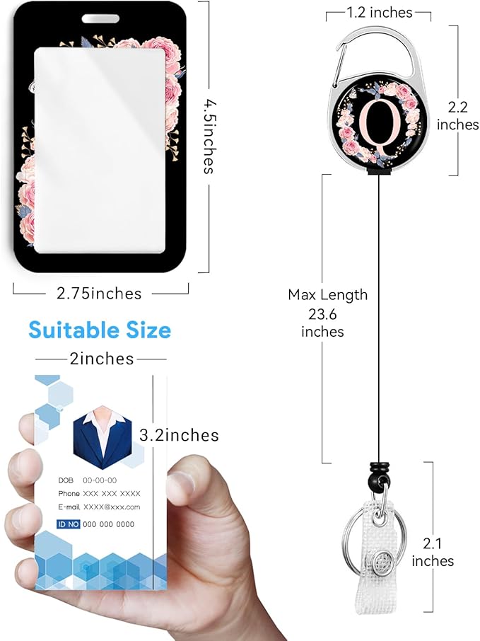 2 Pack A-Z Letter ID Badge Holder with Clip Badge Reels Retractable Heavy Duty,Keychain，ID Holder for School Nurse Office Q