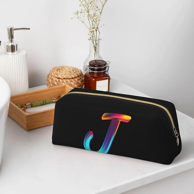 Cute Initial Pencil Case for Kids Simple Leather Pencil Pouch for Boys Girls Letter Design Pencil Box Pen Bag Pencil Pouch Office Stationery Organizer, Rainbow Letter J