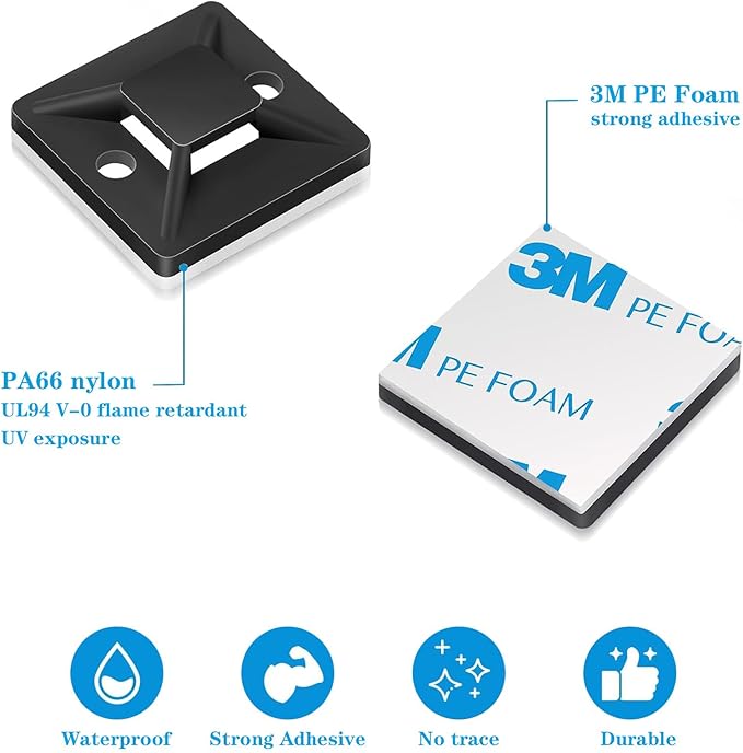 zip tie mounts （100PCS）, adhesive wire clips19.5mm-19.5mm，100PCS 150mm adhesive zip cable tie mounts(Black)
