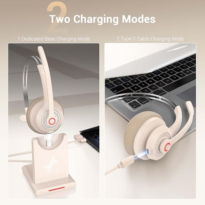 JIAMQISHI Bluetooth Headset - Wireless Headset with Noise Cancelling Microphone, V5.2 Computer Headphones with USB Dongle, Charging Base & Mic Mute for Work/Call Center/PC/Laptop/Online Class/Zoom