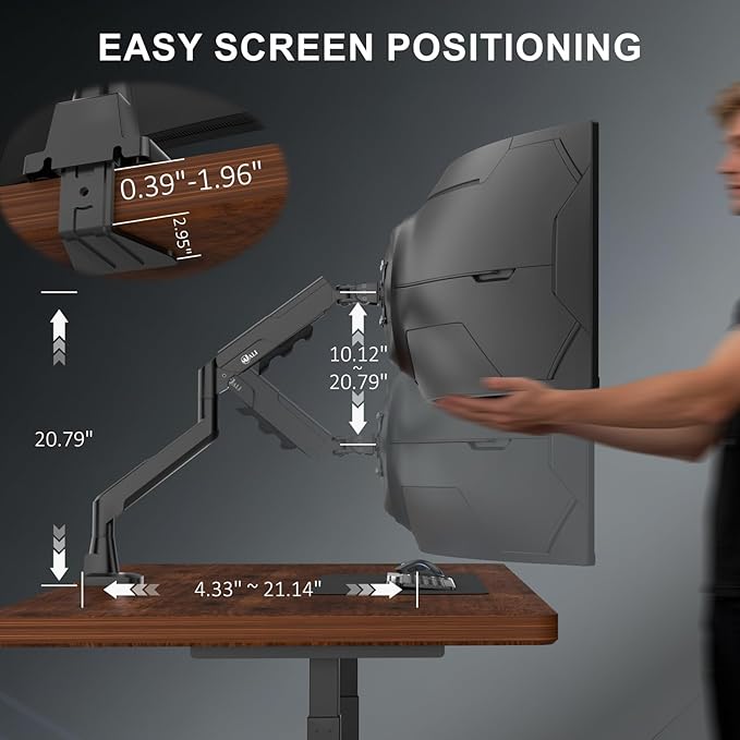 WALI Heavy Duty Single Monitor Arm for 17-49 Inch Flat Curved Ultrawide Screens, up to 33 Lbs, Adjustable Gas Spring Single Monitor Desk Mount for Home Office Gaming, VESA 75/100mm (GSM001XLN), Black