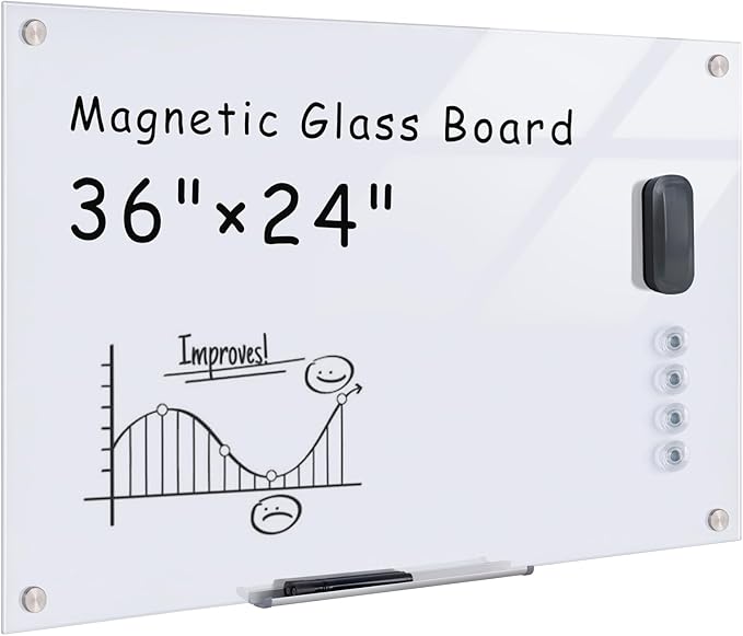 Mifuro Magnetic Glass Whiteboard，36"x24" Wall Mounted Frameless Dry Erase Board for Office, Home & School Ultra White