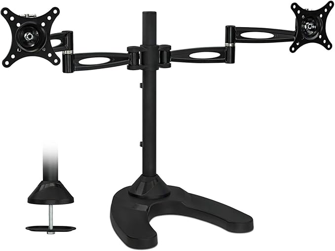 Mount-It! Free Standing Dual Monitor Stand | Double Arm Desk Mount Fits Two x 21 24 27 Inch Computer Screens | 2 Heavy Duty Full Motion Adjustable Arms | VESA 75 100 Compatible | Grommet Base Included