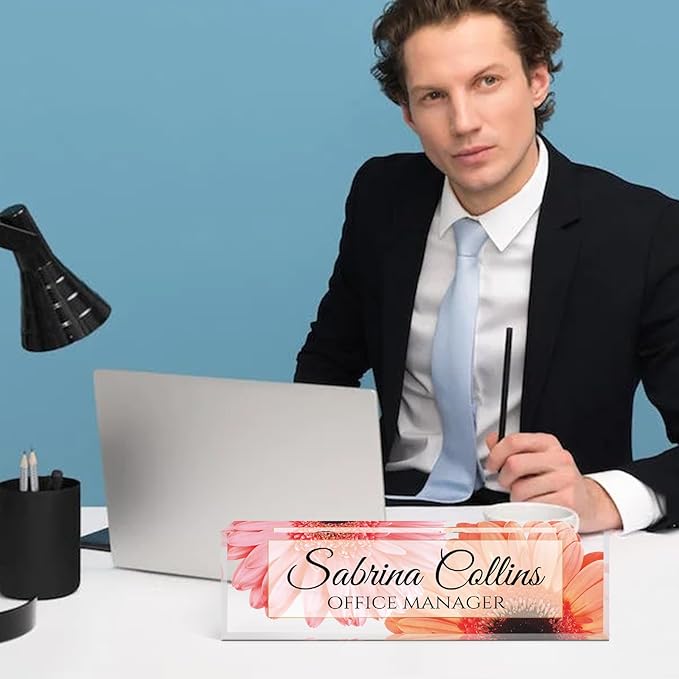 Name Plate for Desk, Desk Name Plate Personalized, Office Decor for Women Men, Acrylic Desktop Accessories, Office Appreciation Gifts for Boss Social Workers Nurse Teacher Employee (Sunflowers A)