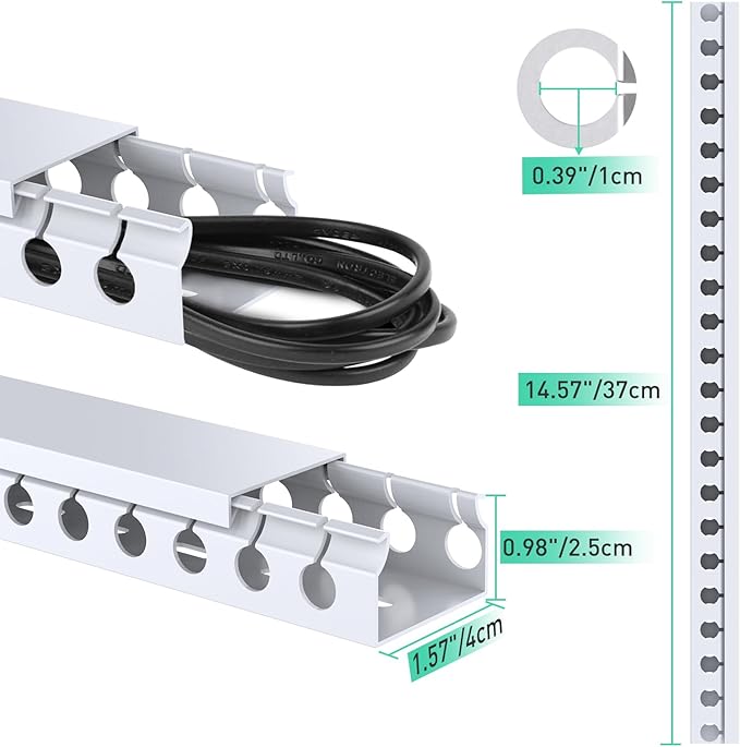 Updated White Cable Raceway Kit, 31(2x15.5 inch Open Slot Wire Covers for Cords, Cable Management System to Hide Under Desk/TV/Computer/Net/Power Cords (Pack 2)