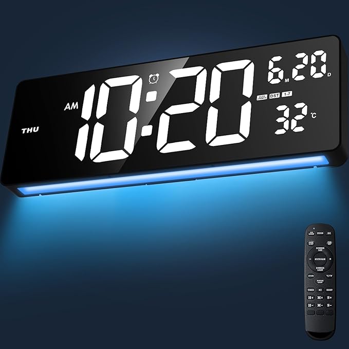 16.5" Digital Clock Large Display with Remote Control, 6-Color Night Light Digital Wall Clock with Dual Alarms, Temperature, Auto DST Large Clock for Living Room, Bedroom, Desk, Mounted, Gift