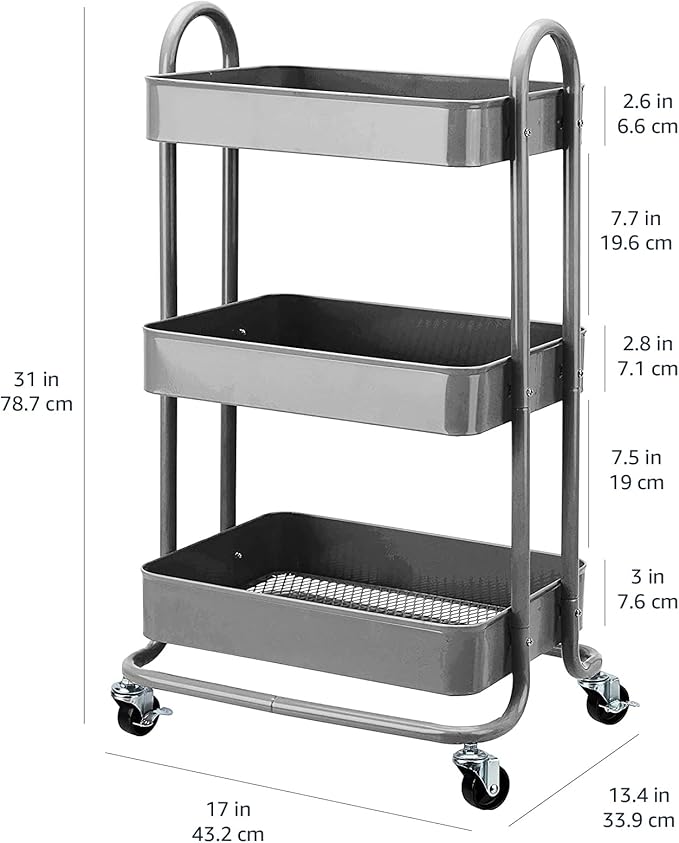 Amazon Basics 3-Tier Rolling Utility or Kitchen Cart, Lockable Wheels, Multifunctional Storage, Charcoal