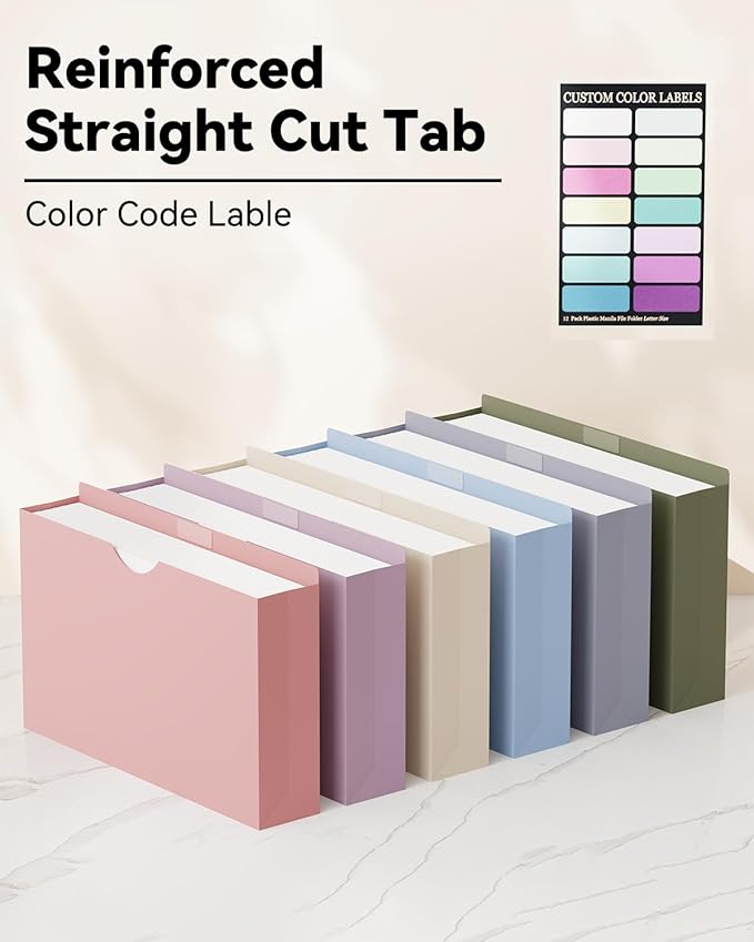 ANSOOK Plastic File Jackets,3" Legal Size Manila File Folder,12 Pack Expandable Project File Folders,Expanding File Jacket Folders for Cabinet,Straight Cut Tab,Manila Job Folder for Home Office