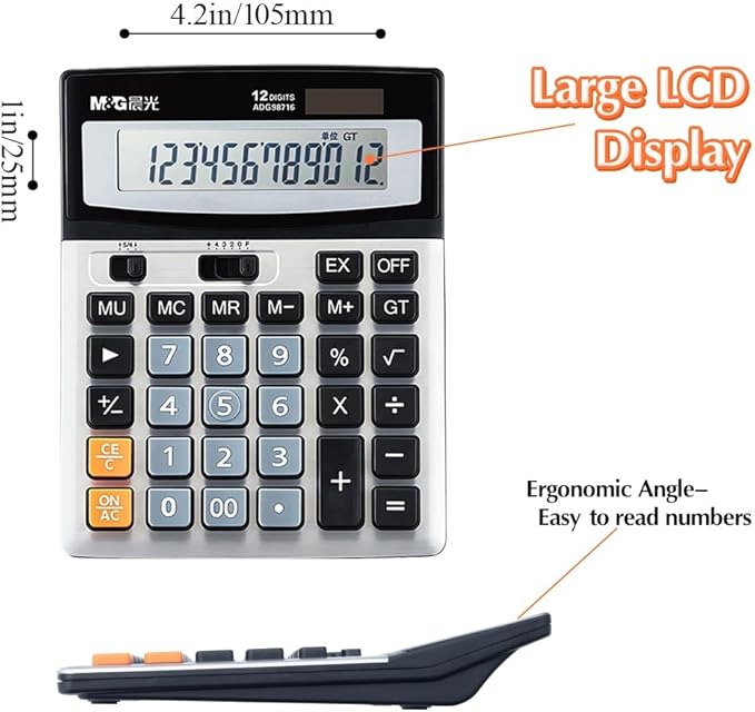 M&G Desk Calculator 12 Digit Extra Large LCD Display Calculators, Dual Solar Power and Battery, Battery Included, Metal Panel Comfort Button Calculator for Office Home