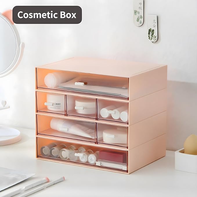Desktop Organiser with 5 Drawers, Stackable Plastic Storage Box on Desk, Small Drawers Storage Unit for Home Collection, Cosmetics, Office Supplies (2 Flat Layers, Pink)