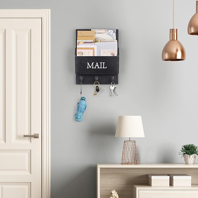 DLQuarts Mail Organizer with Key Holder for Wall, Mail Sorter Wall Mounted, Decorative Wooden Key and Mail Holder with 3 Hooks, Black