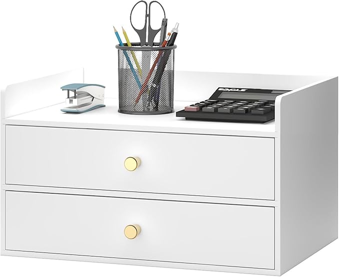 Bamboo Desk Organizer with Drawers Wooden Desktop Storage Organization Box for Bills Office Supplies Kitchen Utensils Organizing Tool for Home Classroom Vanity, No Assembly Required (2 Drawers, White)