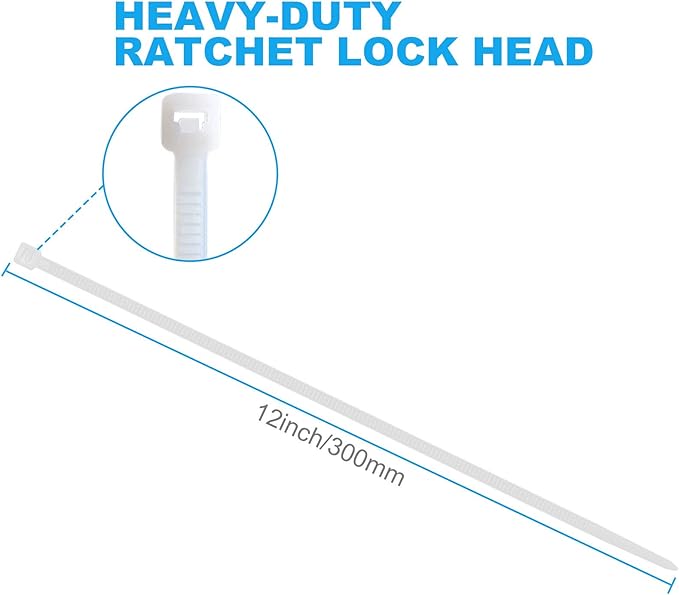 100pcs Cable Zip Ties White Heavy Duty 12 Inch, Premium Plastic Wire Ties Clear with 50 Pounds Tensile Strength, Self-Locking Nylon White Zip Ties for Indoor and Outdoor