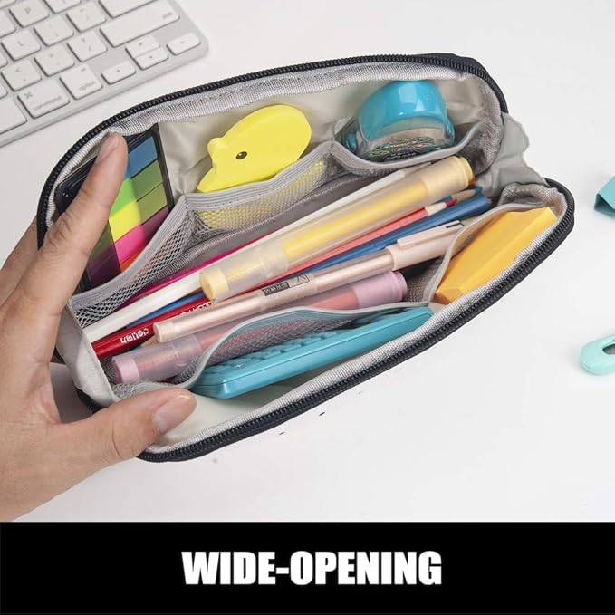 Sooez Wide-Opening Pencil Pen Case, Lightweight & Spacious Pencil Pouch Zipper Stationery Bag, Aesthetic Supply with Triangular Design for Adults, Black Dots