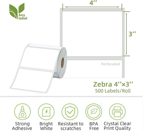 4" x 3" Direct Thermal Labels, Thermal Printer Labels for Shipping Address Barcodes, Thermal Stickers Compatible with Zebra, Rollo, Munbyn Thermal Labels Printers (12 Rolls, 500 Labels/Roll)
