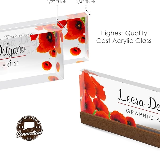 Artblox Office Personalized Name Plate for Desk with Business Card Holder On Clear Acrylic Glass Poppy Flowers Design Custom Desk Name Plate with Your Name and Credentials Customized Gift