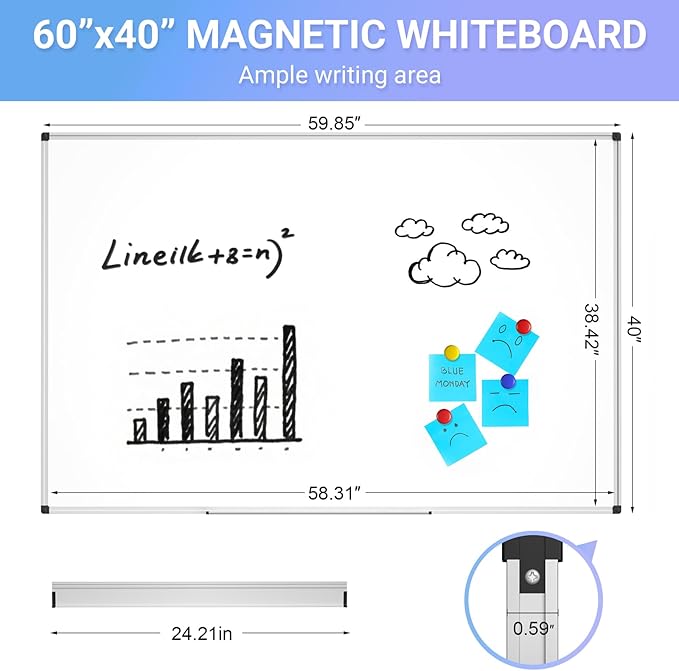 Magnetic Dry Erase Whiteboard - 40 x 60 Inch White Board - Large Wall-Mounted Board with Silver Aluminum Frame, 1 Magnetic Eraser, 2 Pens, Detachable Marker Tray, 6 Magnets