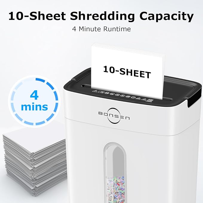 Bonsen 10-Sheet Cross Cut Paper Shredder for Home Office, P-4, Portable Handle, 4 Gallons Bin, Paper and Credit Card Shredder, White (S3201-W New Version)