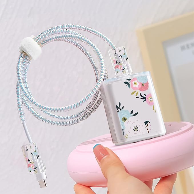 CameCosy Cute DIY Protectors Cable Protector for iPhone Charger,Elegant White Flowers Pattern,Data Cable Charger Data Line Earphone Wire Saver for iPhone X 13 12 11 Pro Max