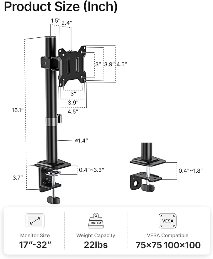 monTEK Single Monitor Stand, Stable Monitor Arm for 17-32 inch& 22lbs Capacity Screen, Height Adjustable Desk Mount with C Clamp and Grommet Base, VESA 75 * 75MM/ 100 * 100MM