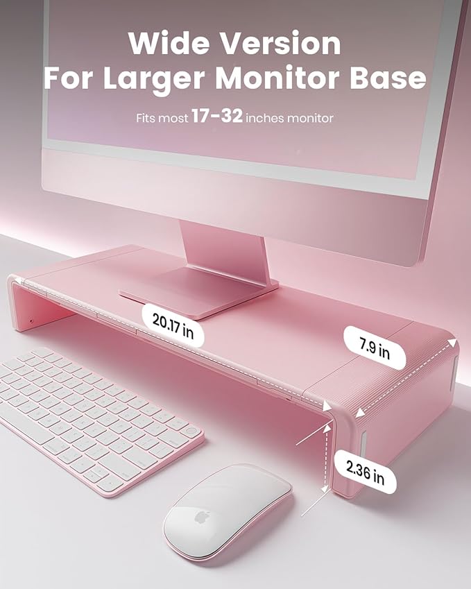 Pink Monitor Stand Riser, Klearlook Foldable, Height Adjustable Computer Stand, Desk Shelf Riser with Storage Drawer &Tablet Phone Stand for Desktop, Laptop