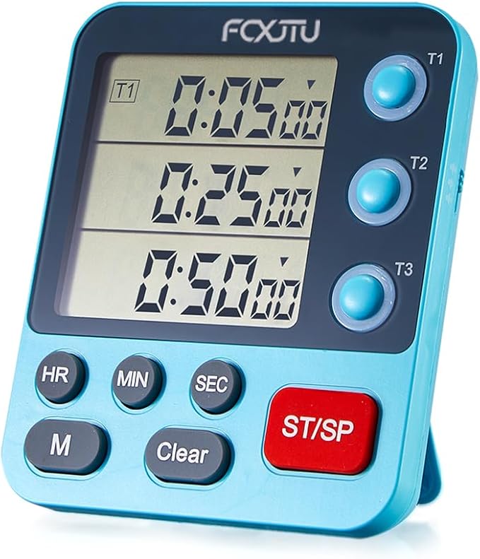 FCXJTU Digital Dual Triple Kitchen Timer, 3 Channels Magnetic Countdown Stopwatch Timer for Cooking, Loud Alarm Large Display Multi Food Memory Timer for Seniors & Teachers Battery Included (Blue)