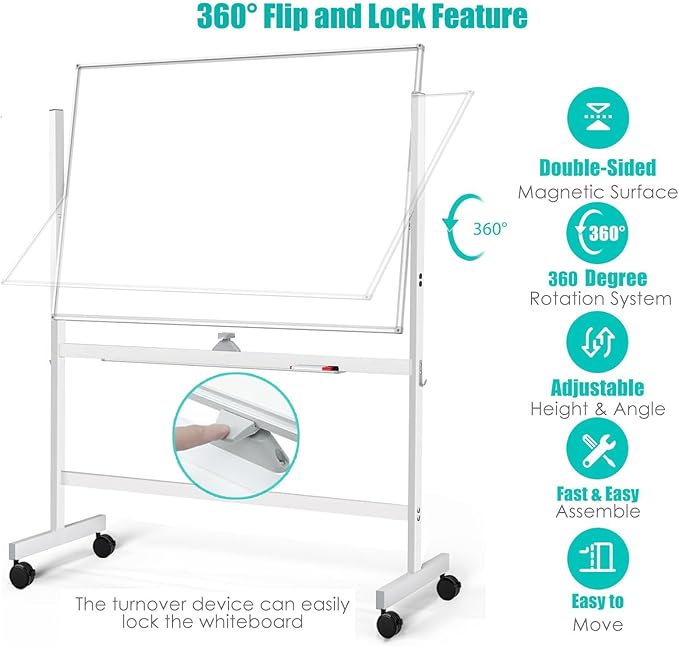 BIBOC Large White Board 32x48 Inches - Mobile Rolling White Board on Wheels, Double-Sided Height Adjustable Dry Erase Whiteboard Wheel with Stand for Office, School, Home-BNK3248WH