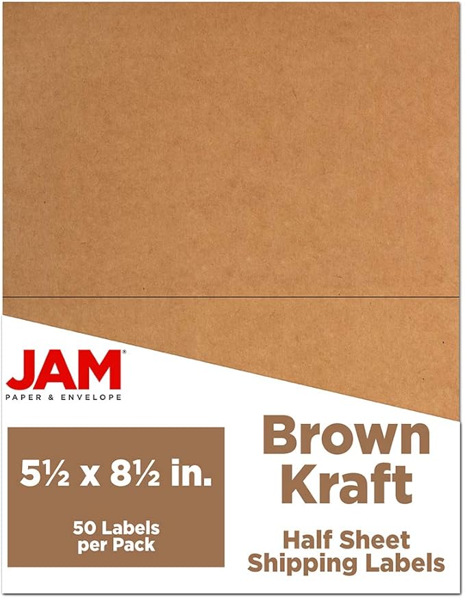 JAM PAPER Shipping Labels - Half Page - 5 1/2 x 8 1/2 - Brown Kraft - 50/Pack