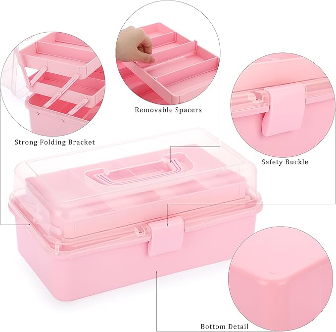 BTSKY 3-Layer Plastic Dividing Storage Box Craft Organizer and Storage with Adjustable Spacers Portable Handled Art Supply Organizer Multipurpose Home Utility Box Organizer (Pink)