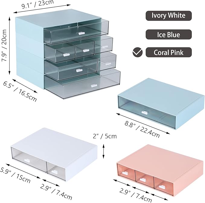 Desk Craft Organizer and Storage with 7 Flat Drawers, Stackable Plastic Desktop Accessories & Workspace Organizer for Office Stationary, Makeup Skincare, Sanitation Supplies, Pink