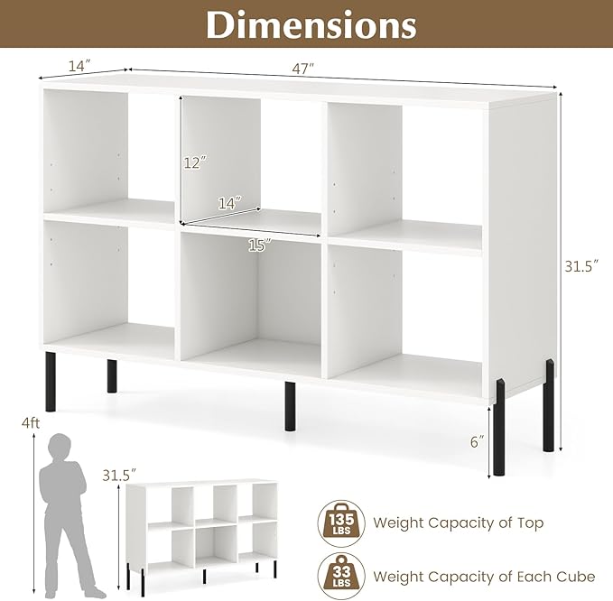 Giantex 6 Cube Bookcase, 3-Tier 47" Long Wood Bookshelf w/ 5 Metal Legs, Adjustable Shelf, Anti-toppling Device, 31.5" Tall Floor Open Shelf Bookcase, Freestanding Wooden Cube Storage Shelves