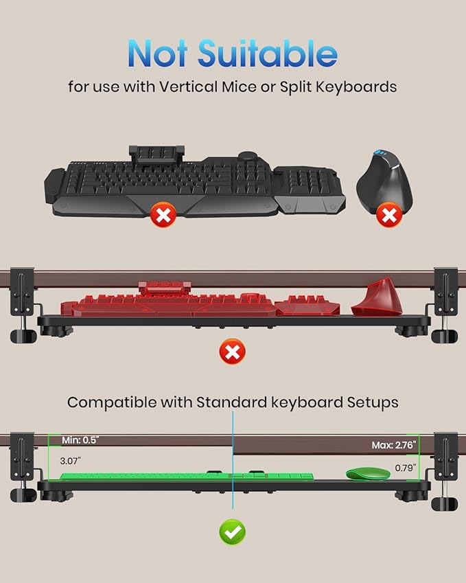 Large Keyboard Tray Under Desk, Pull Out Keyboard & Mouse Tray with Adjustable C-clamp, 25.6(31.5 Including Clamps) x 11.8 Inch Slide Out Computer Keyboard Drawer Mouse Tray for Typing, Black