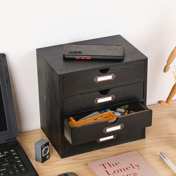 Wooden Storage Box Rustic Desktop Organizer with 4 Drawers Office Desk Accessories Shelf Small Craft Storage Containers Apothecary Cabinet and Chest Jewelry Holder for women(BLACK)