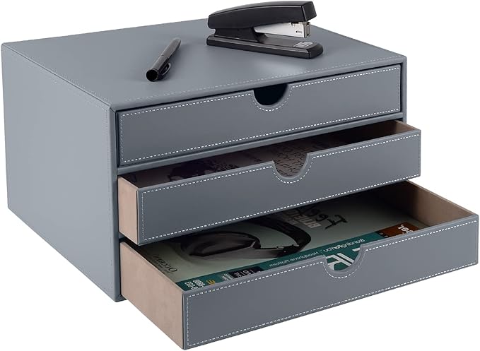 PU Leather Desk Organizer with 3 Drawers,Executive Office Supplies Desktop Filing A4 File Cabinet/Holder for Jewelry/Bill/Paper/Documents/Makeup Home Decor Stationery Storage Box,Grey
