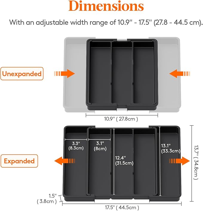 Lifewit Utensil Organizer for Kitchen Drawers, Expandable Cooking Utensil Tray, Adjustable Cutlery Silverware Flatware Holder, Plastic Spatula Tools and Gadgets Storage Divider, Black, 11"-18" x 14"