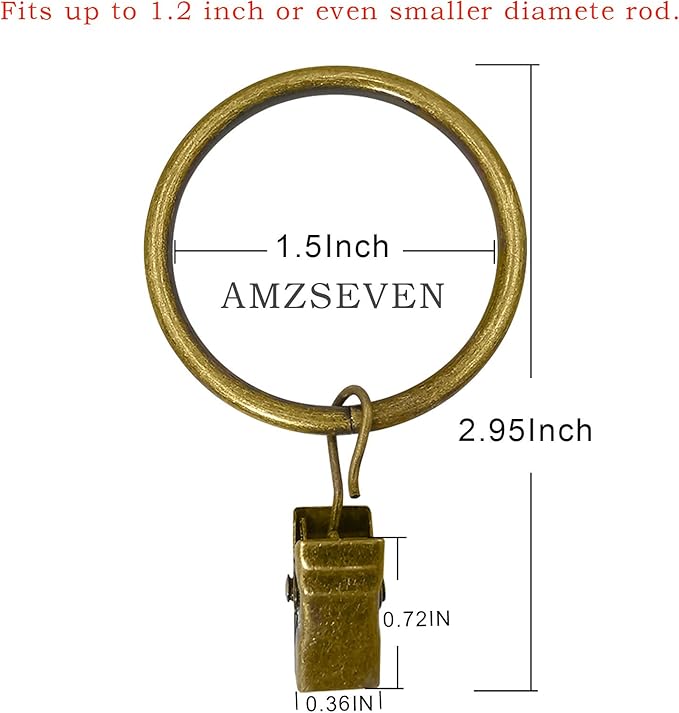 AMZSEVEN 100 Pack Metal Curtain Rings with Clips, Drapery Clips Hooks, Decorative Curtain Rod Clips 1.5 in Interior Diameter, Antique Bronze